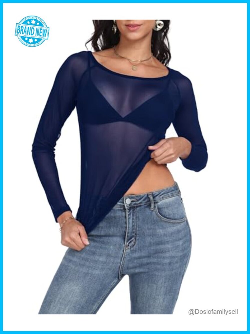 Womens Mesh Long Sleeve Sheer Crewneck Fitted See Through Top Clubwear